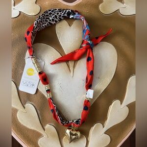 Gemelli Valentine’s Day Scarf Necklace with Gold Heart Pendant, Hearts & Leopard